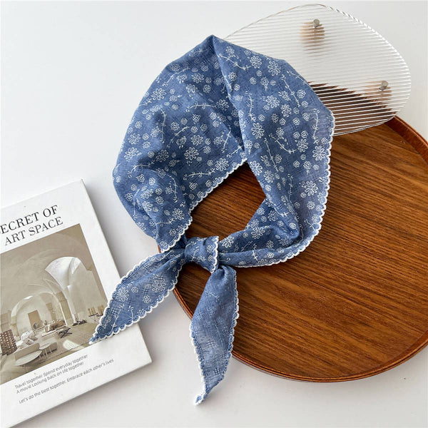 Lace Trim Cotton Linen Floral Triangle Scarf_