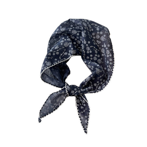 Lace Trim Cotton Linen Floral Triangle Scarf_