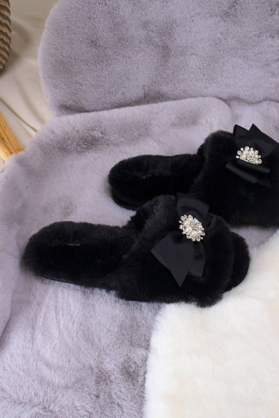 Anya Embellished Slider Slippers in Black: Black / XL = UK 7.5-8.5 / EU 42-43 / US 9.5-10.5