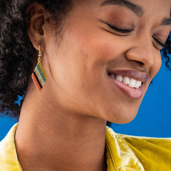 Zelda Green + Rust Angled Stripe Diamond Earrings