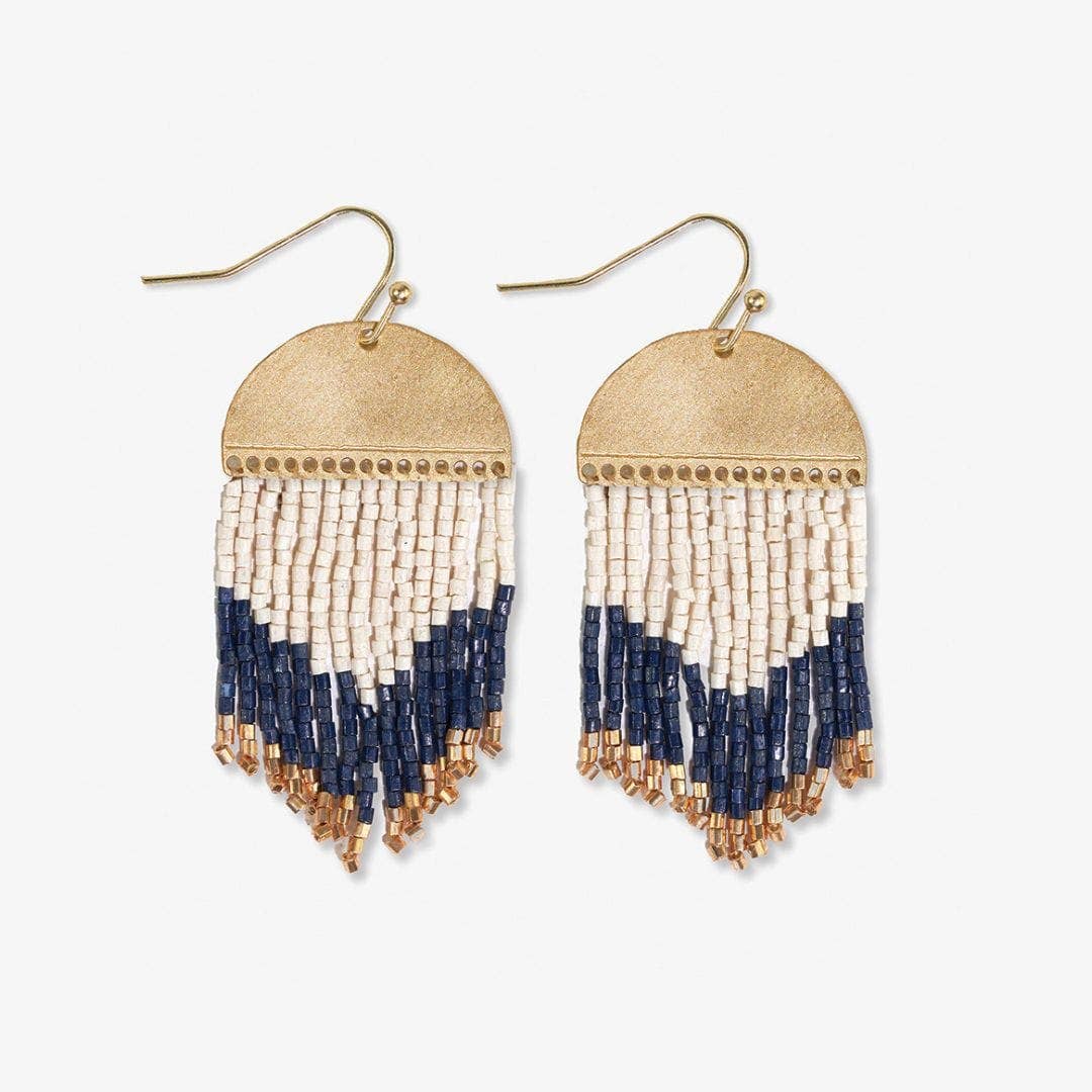 Claudia Curved Pattern Navy Short Beaded Fringe Earrings