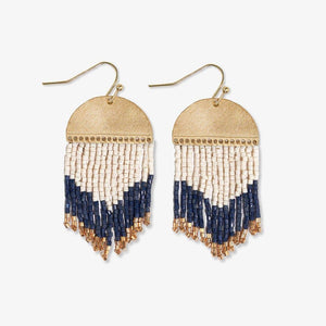 Claudia Curved Pattern Navy Short Beaded Fringe Earrings
