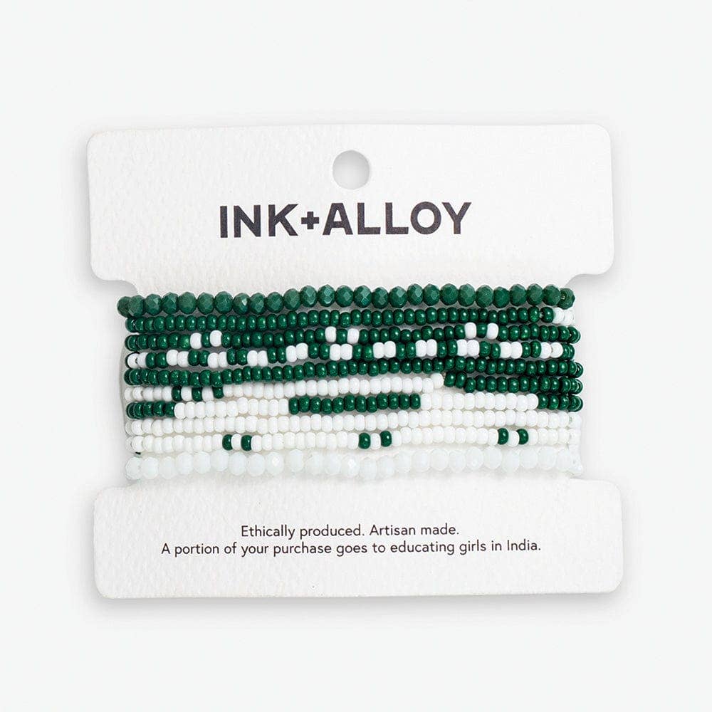 Game Day Dark Green + White Beaded 10 Strand Stretch Bracelet Set