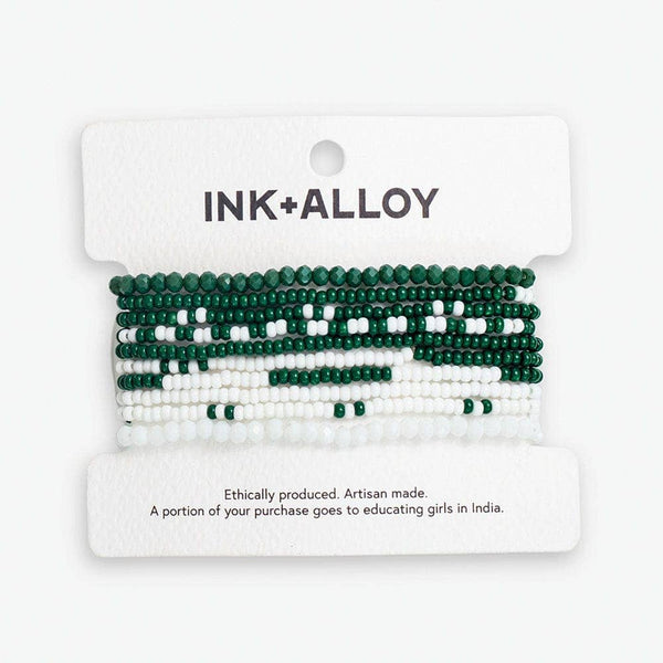 Game Day Dark Green + White Beaded 10 Strand Stretch Bracelet Set
