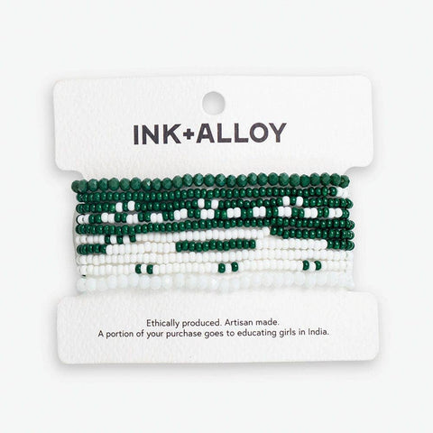 Game Day Dark Green + White Beaded 10 Strand Stretch Bracelet Set