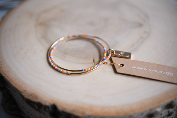 Seed Bead and Gold Tube Bead Double Wrap Bracelet: Tangerine & Cornflower