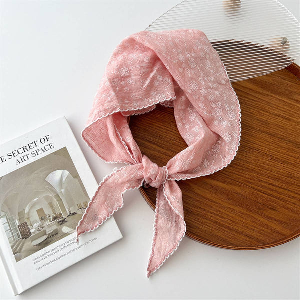 Lace Trim Cotton Linen Floral Triangle Scarf_