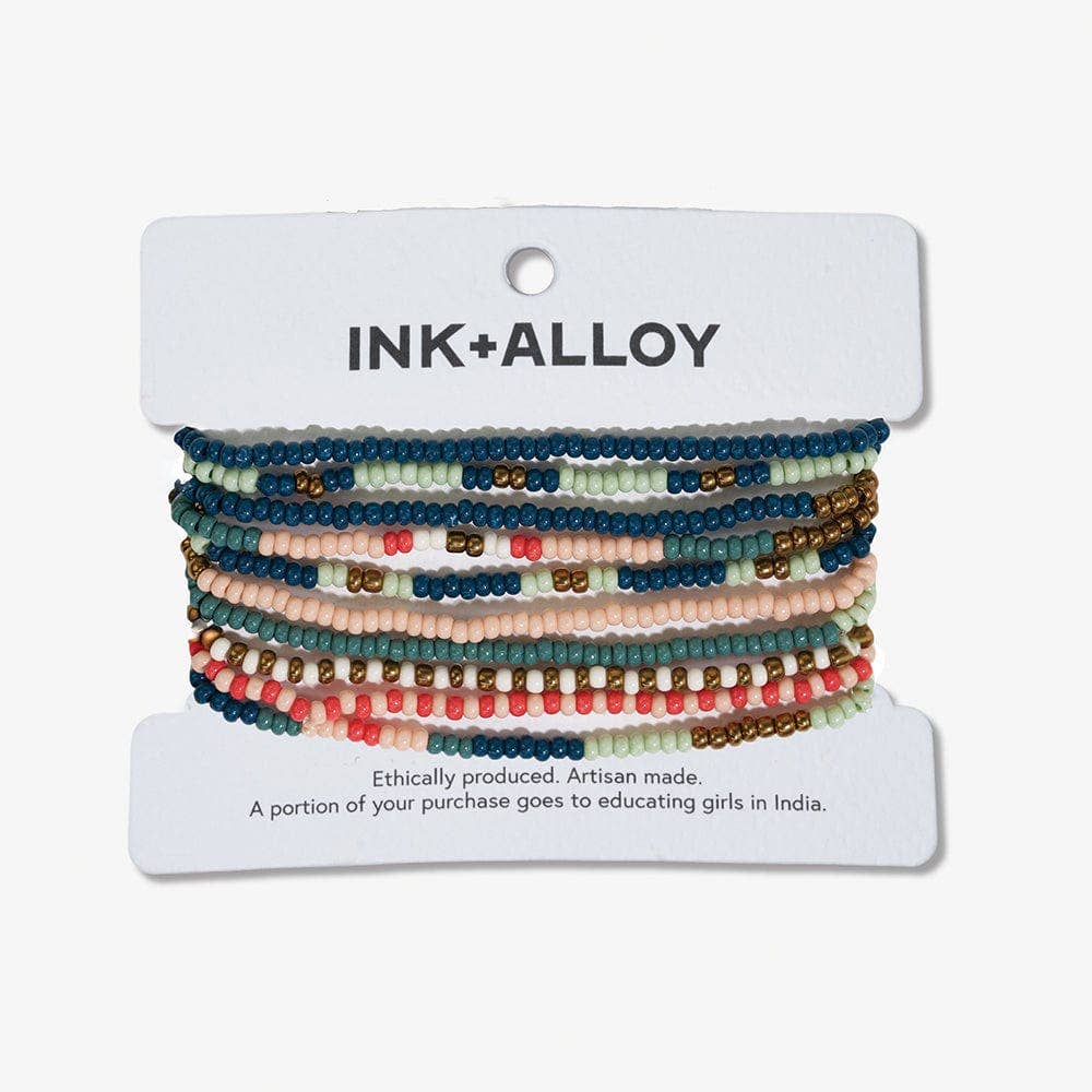 Sage Mixed Stripe Teal + Poppy Beaded 10 Stretch Bracelet