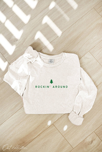 ROCKIN' AROUND Mineral Washed Long Sleeve Graphic Top: FOREST / L