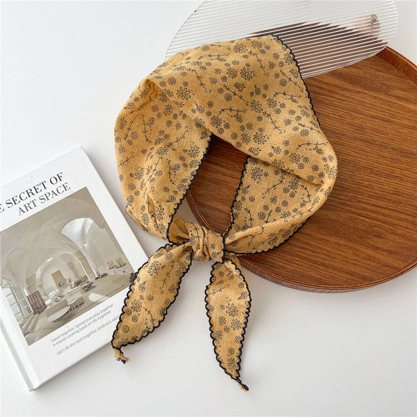 Lace Trim Cotton Linen Floral Triangle Scarf_