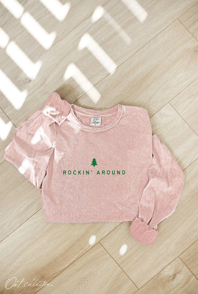 ROCKIN' AROUND Mineral Washed Long Sleeve Graphic Top: FOREST / L