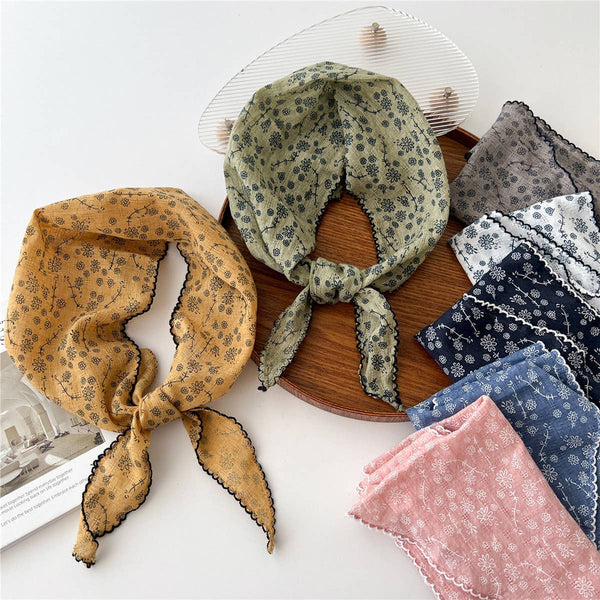 Lace Trim Cotton Linen Floral Triangle Scarf_