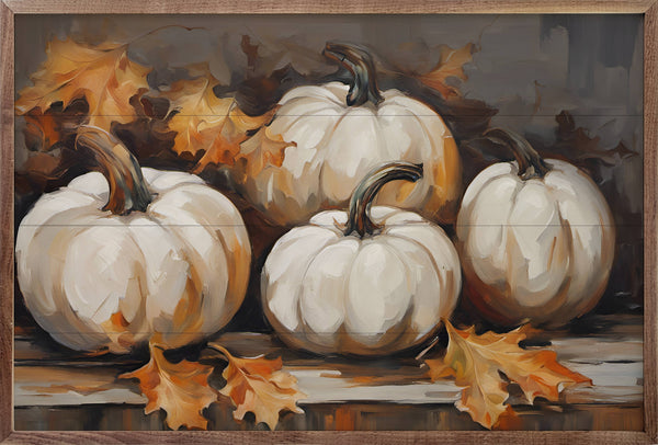 Four White Pumpkins With Leaves Black: 8x5