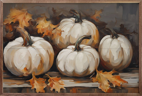 Four White Pumpkins With Leaves Black: 8x5