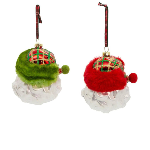 5.25"RD/GREEN PLAID SANTA HEAD ORNAMENT 2/A