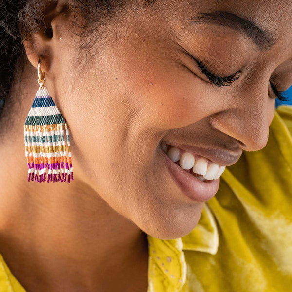 James Mini Gold Hoop Horizontal Stripes Beaded Fringe Earrings