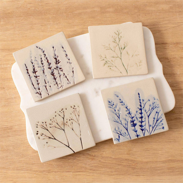 Pressed Wildflower Stoneware Coaster Set