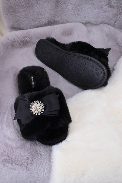 Anya Embellished Slider Slippers in Black: Black / XL = UK 7.5-8.5 / EU 42-43 / US 9.5-10.5