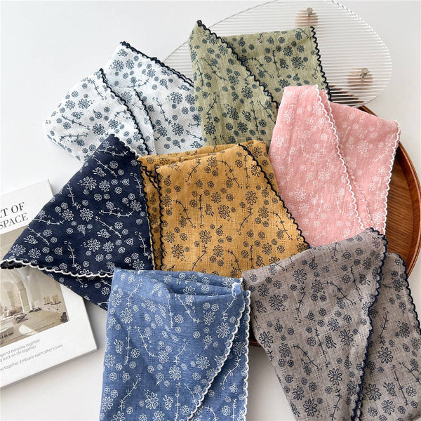 Lace Trim Cotton Linen Floral Triangle Scarf_