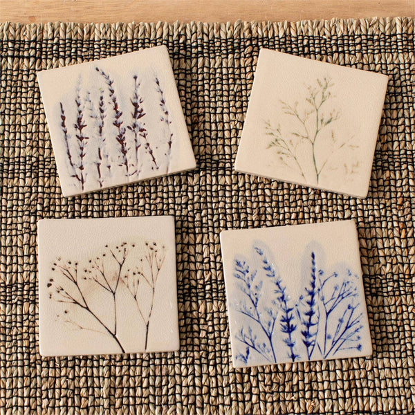 Pressed Wildflower Stoneware Coaster Set