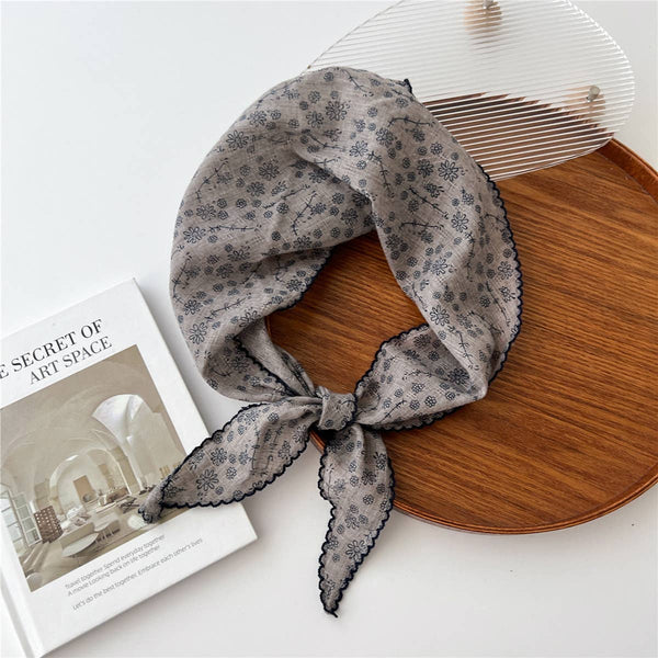 Lace Trim Cotton Linen Floral Triangle Scarf_