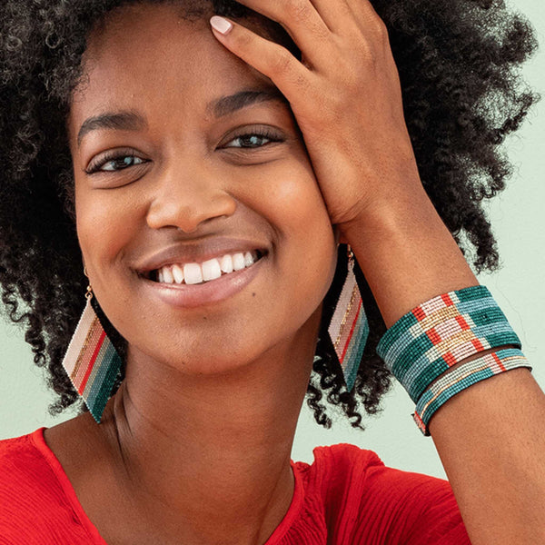 Frida Mixed Stripe Beaded Earrings Teal Poppy