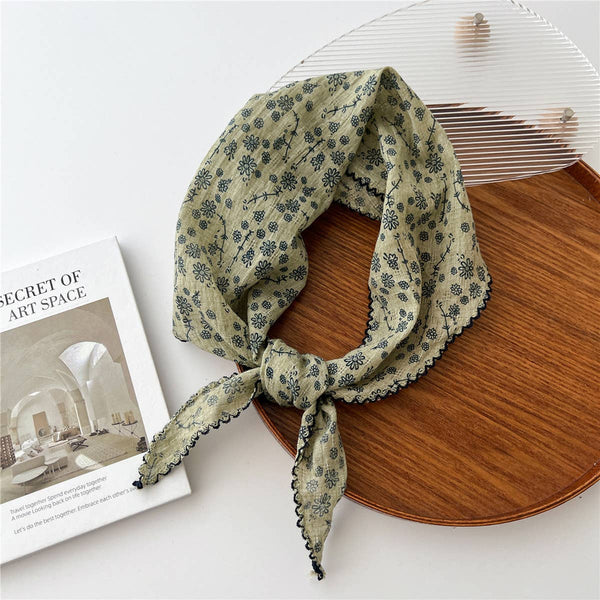Lace Trim Cotton Linen Floral Triangle Scarf_