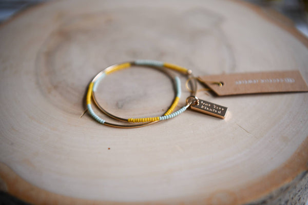 Seed Bead and Gold Tube Bead Double Wrap Bracelet: Tangerine & Cornflower
