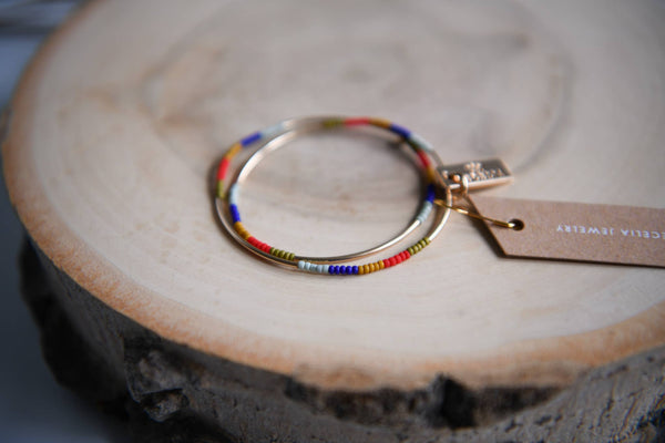 Seed Bead and Gold Tube Bead Double Wrap Bracelet: Tangerine & Cornflower