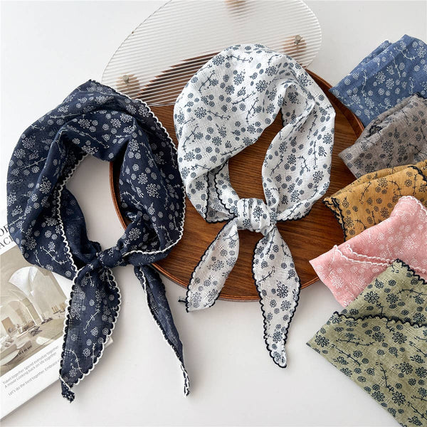 Lace Trim Cotton Linen Floral Triangle Scarf_