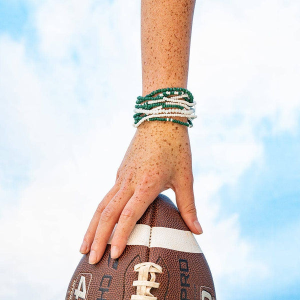 Game Day Dark Green + White Beaded 10 Strand Stretch Bracelet Set