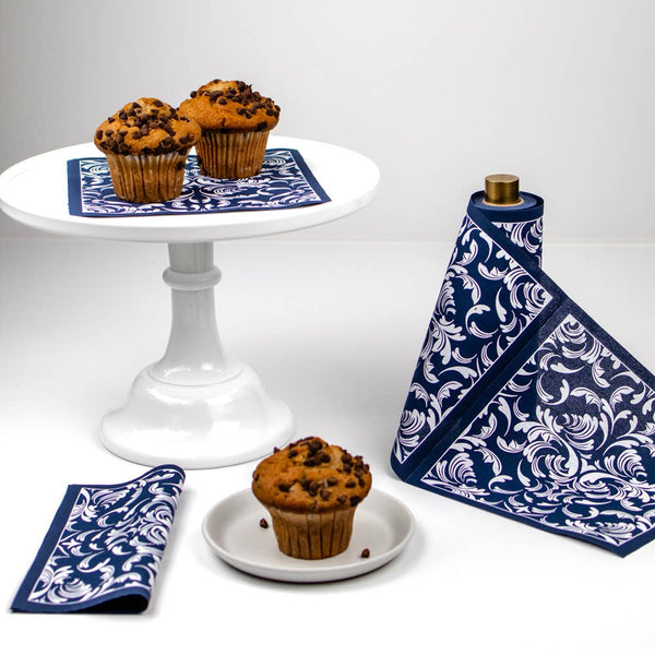 Cotton Party Napkin Roll:(Navy Scroll)