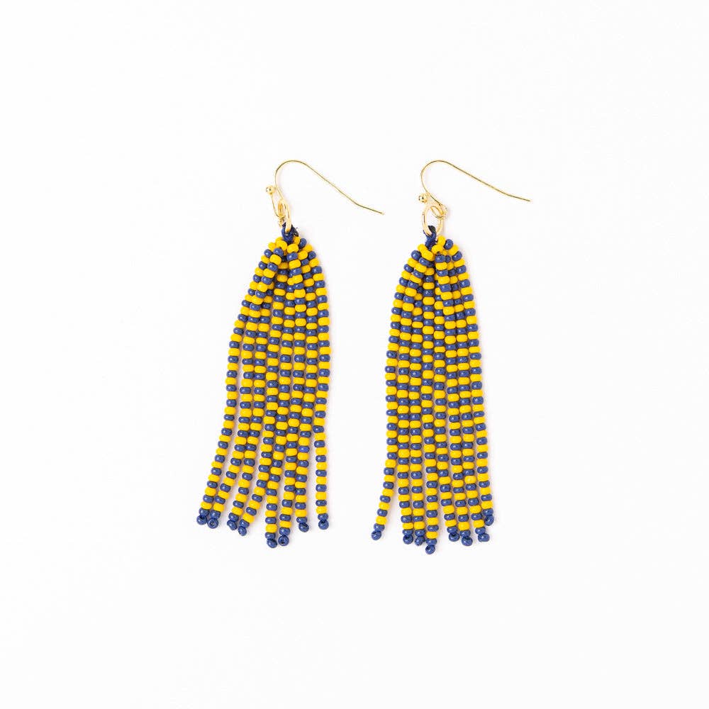 Game Day Yellow + Blue Tassel Seed Bead Earrings