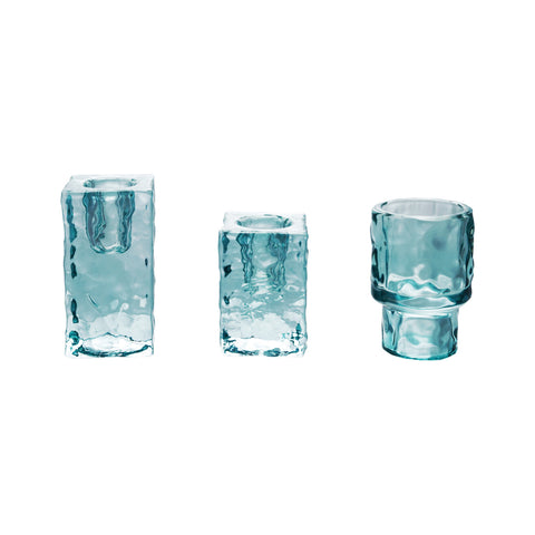 Hammered Glass Taper Holders, Blue, Set of 3