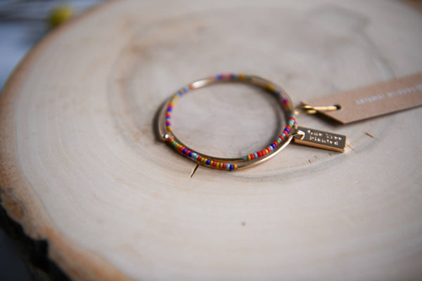 Seed Bead and Gold Tube Bead Double Wrap Bracelet: Tangerine & Cornflower