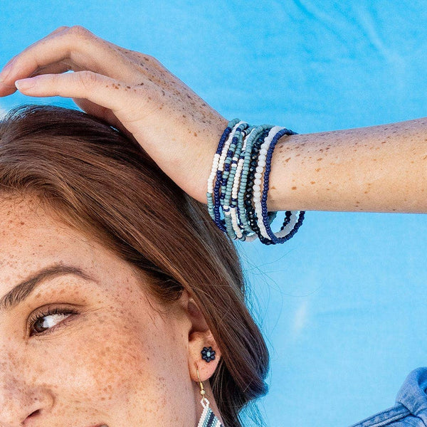 Game Day Color Block Beaded 10 Strand Stretch Bracelets Navy and Light Blue Wholesale