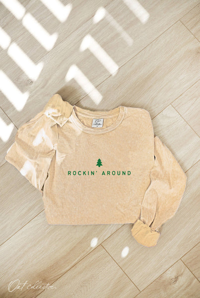 ROCKIN' AROUND Mineral Washed Long Sleeve Graphic Top: FOREST / L