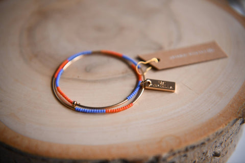 Seed Bead and Gold Tube Bead Double Wrap Bracelet: Tangerine & Cornflower