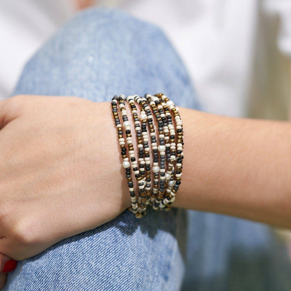 Sage Confetti Black Beaded 10 Strand Stretch Bracelets