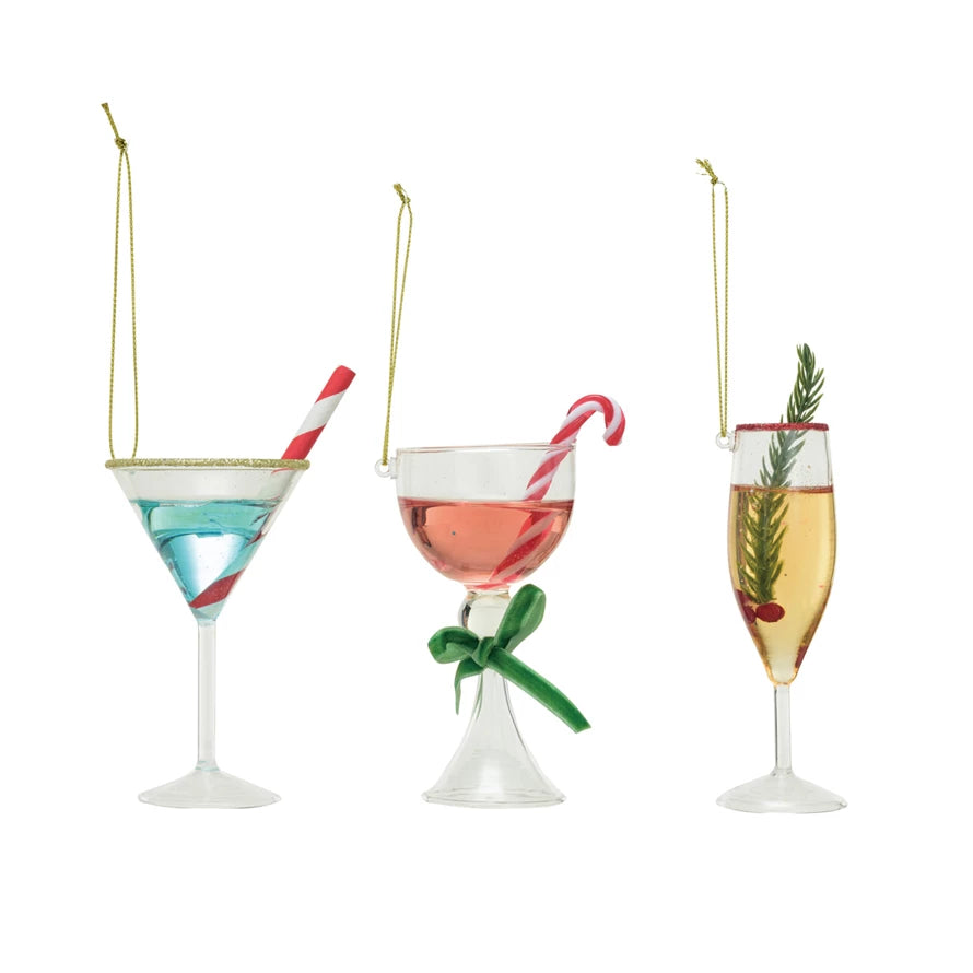 *Glass Holiday Cocktail Ornament w/ Glitter, 3 Styles