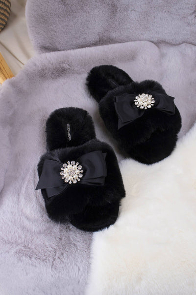 Anya Embellished Slider Slippers in Black: Black / XL = UK 7.5-8.5 / EU 42-43 / US 9.5-10.5