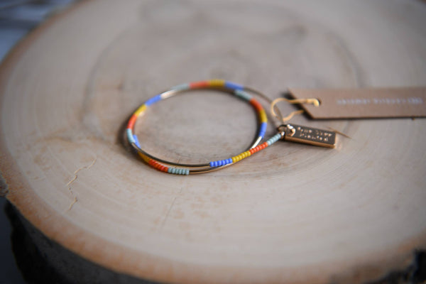 Seed Bead and Gold Tube Bead Double Wrap Bracelet: Tangerine & Cornflower