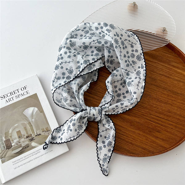 Lace Trim Cotton Linen Floral Triangle Scarf_