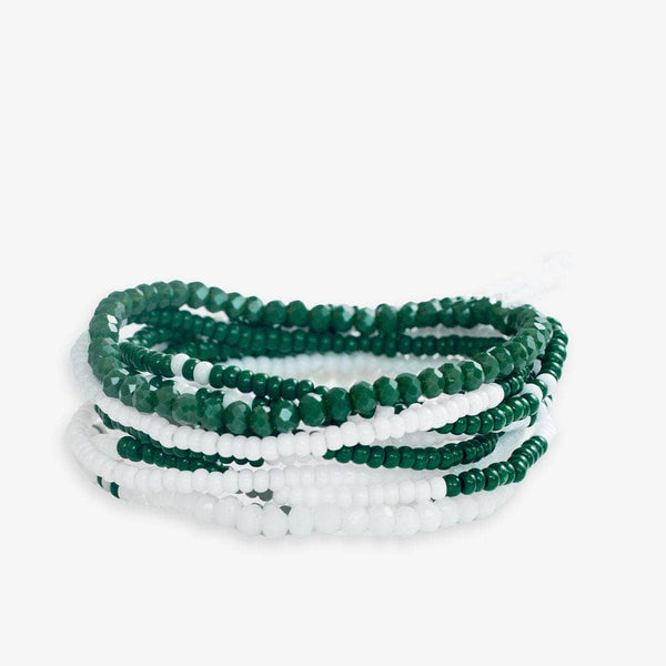 Game Day Dark Green + White Beaded 10 Strand Stretch Bracelet Set