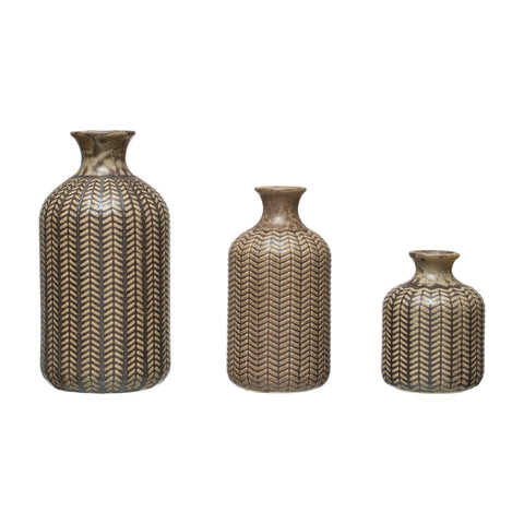 Embossed Stoneware Vases, Reactive Glaze, Set of 3