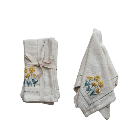 Cotton Napkins w/ Hand-Embroidery, Flowers & French Knots, Set of 4