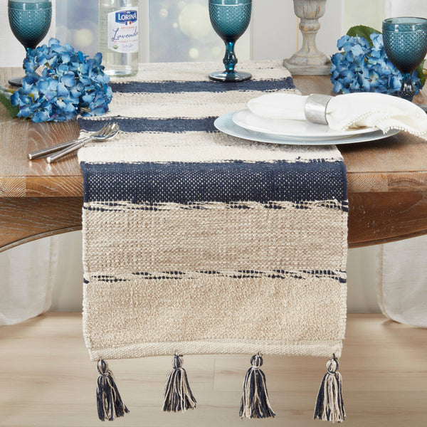Tasseled Stripe Table Runner: Navy Blue / 16"x72"