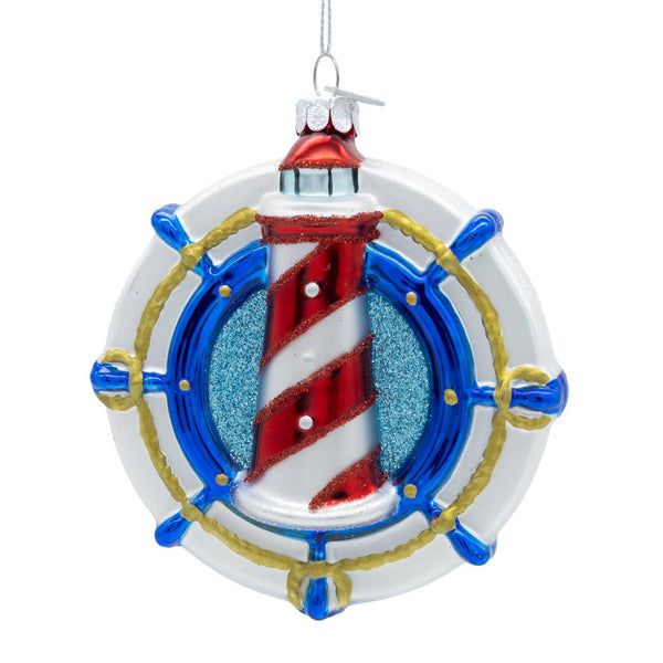 Noble Gems, Glass Lighthouse On Ship Wheel Ornament