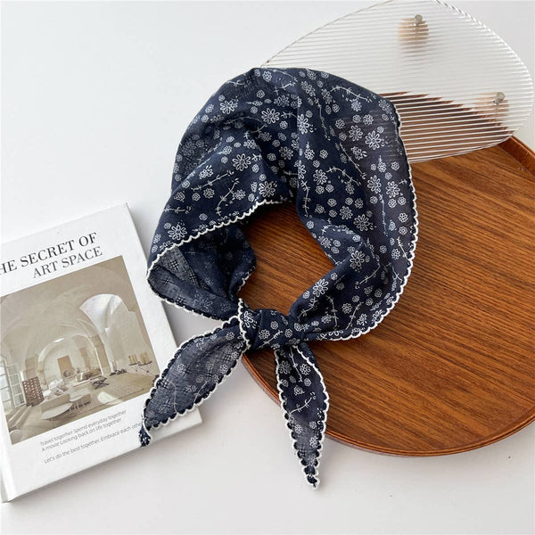 Lace Trim Cotton Linen Floral Triangle Scarf_