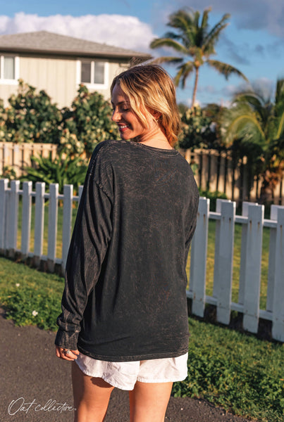 ROCKIN' AROUND Mineral Washed Long Sleeve Graphic Top: FOREST / L